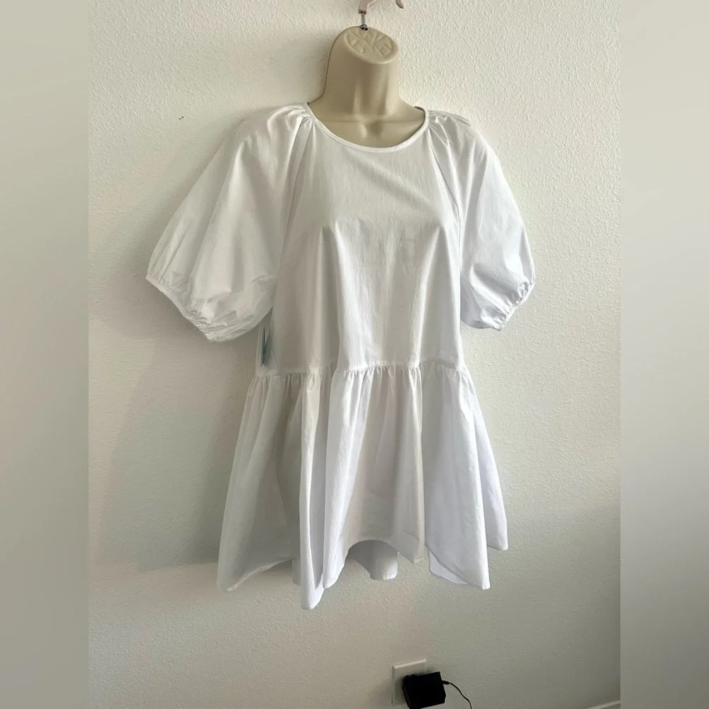Hill House NWT Sz S Francesca Tunic Top White Cotton Puff Sleeve Modest High-Low